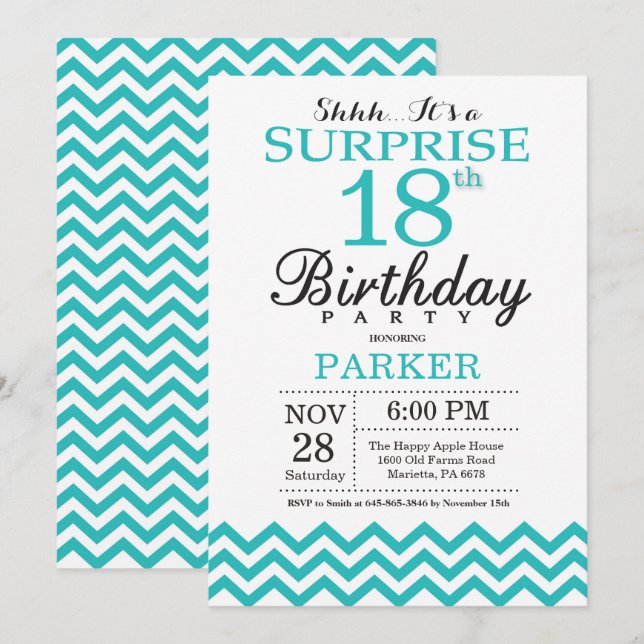 Invitación de cumpleaños 18 sorpresa Chevron teal (Anverso / Reverso)