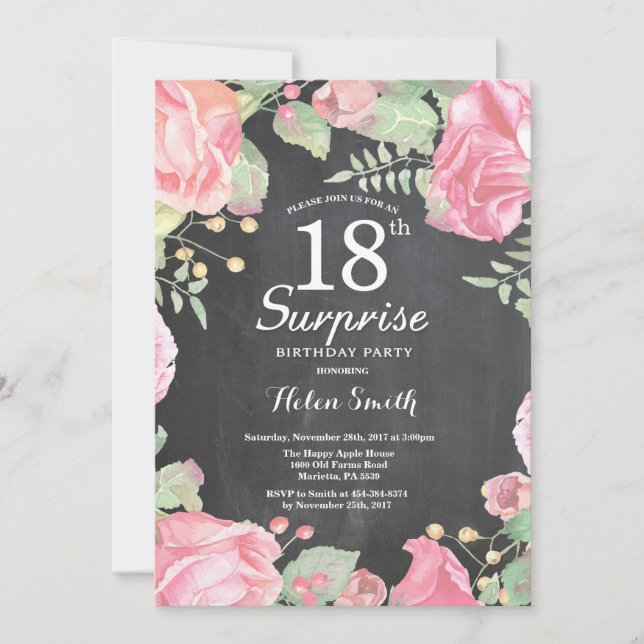 Invitación de cumpleaños 18 sorpresa floral botáni (Anverso)