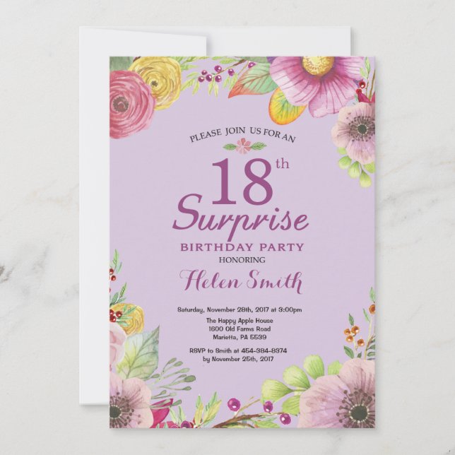 Invitación de cumpleaños 18 sorpresa floral púrpur (Anverso)