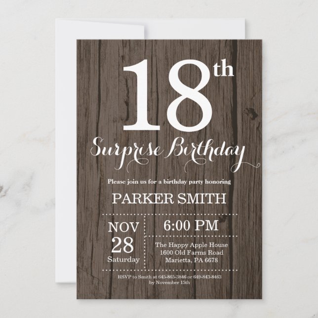 Invitación de cumpleaños 18 sorpresa rústica (Anverso)