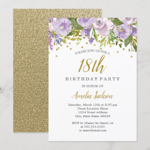 Invitación de cumpleaños 18 Sparkle Floral Purple