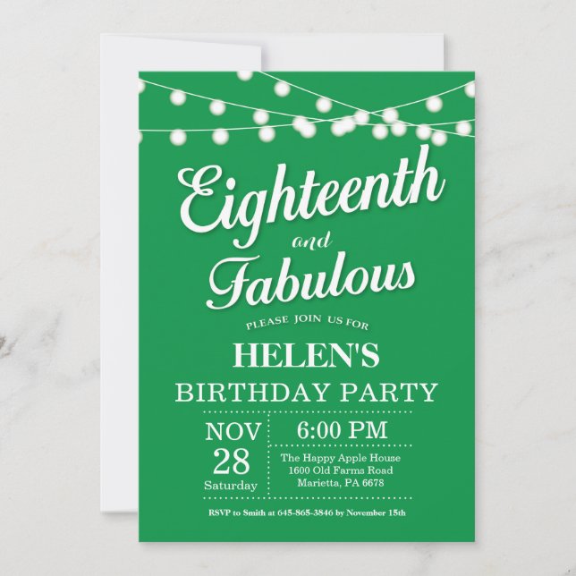Invitación de cumpleaños 18 Verde Fabuloso (Anverso)