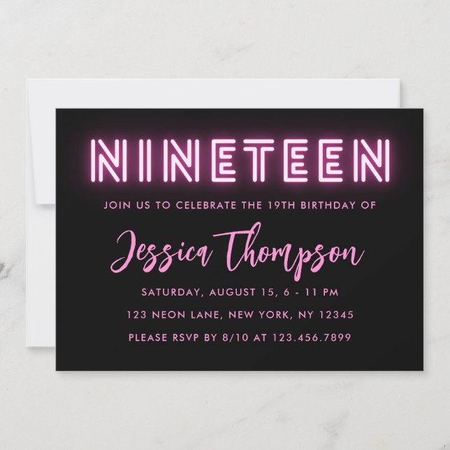 Invitación de cumpleaños 19 de Neon Pink (Anverso)