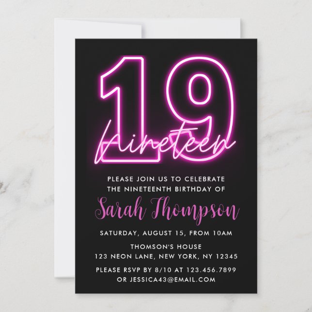 Invitación de cumpleaños 19 de Neon Pink (Anverso)