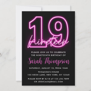 Invitación de cumpleaños 19 de Neon Pink