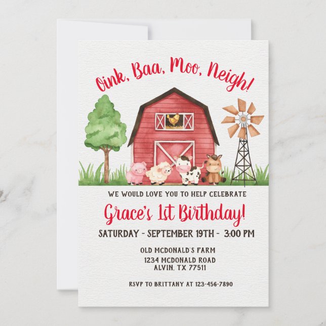 Invitación de cumpleaños 1.ᵉʳ Barnyard (Anverso)