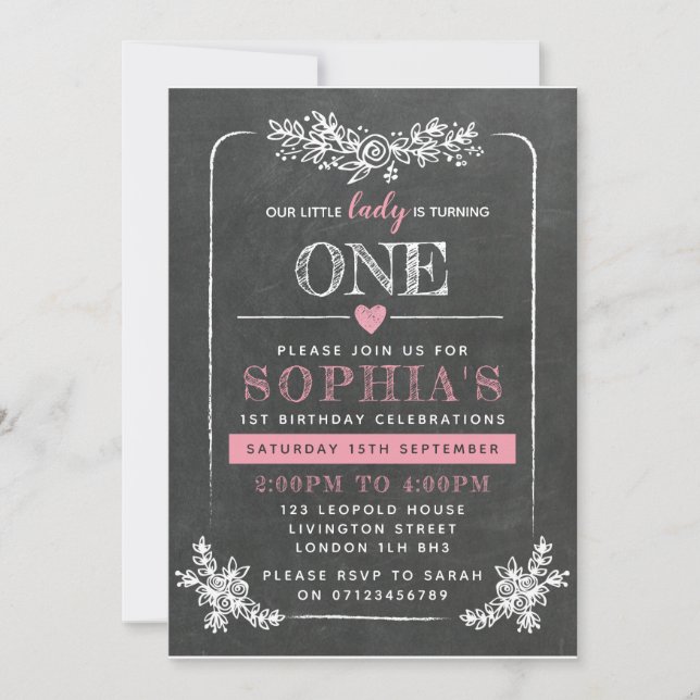 Invitación de cumpleaños 1 a Chalkboard (Anverso)