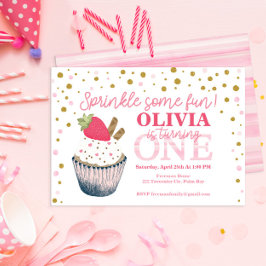 Invitación de cumpleaños 1 a fresa - Rosa dulce "B