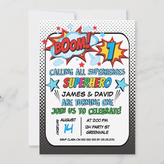 Invitación de cumpleaños 1 a superhéroe gemelo (Anverso)