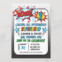 Invitación de cumpleaños 1 a superhéroe gemelo