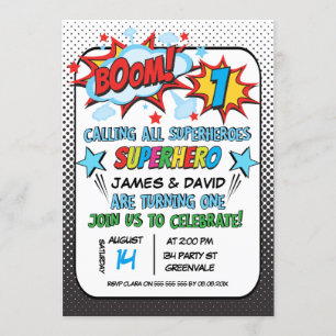 Invitación de cumpleaños 1 a superhéroe gemelo