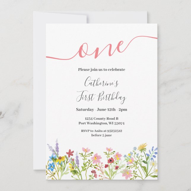 Invitación de cumpleaños 1 a un pequeño flor silve (Anverso)