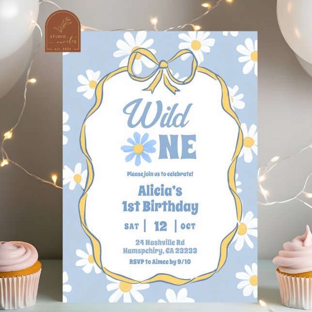 Invitación de cumpleaños 1 Blue Retro Daisy Coquet (Subido por el creador)