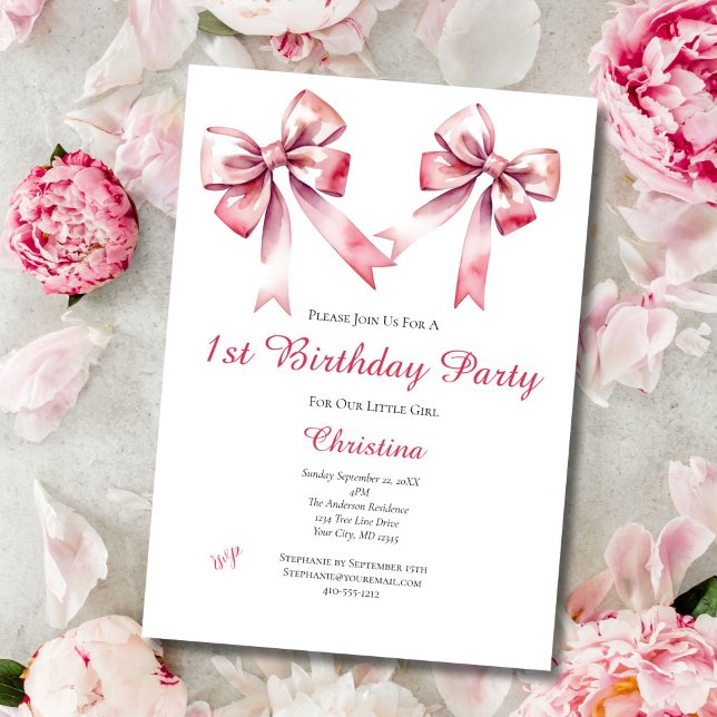 Invitación de cumpleaños 1 Coquette femenina con l (Pink Bow Coquette aesthetic baby girl 1st birthday party invitation. Digital or printed)