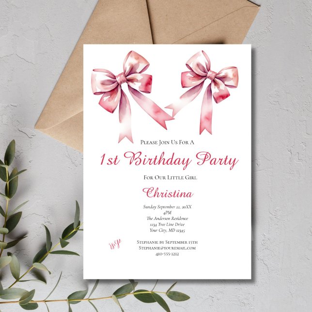 Invitación de cumpleaños 1 Coquette femenina con l (Pink Bow Coquette Aesthetic Baby Girls 1st Birthday Party Invitation. Printed or Digital Download)