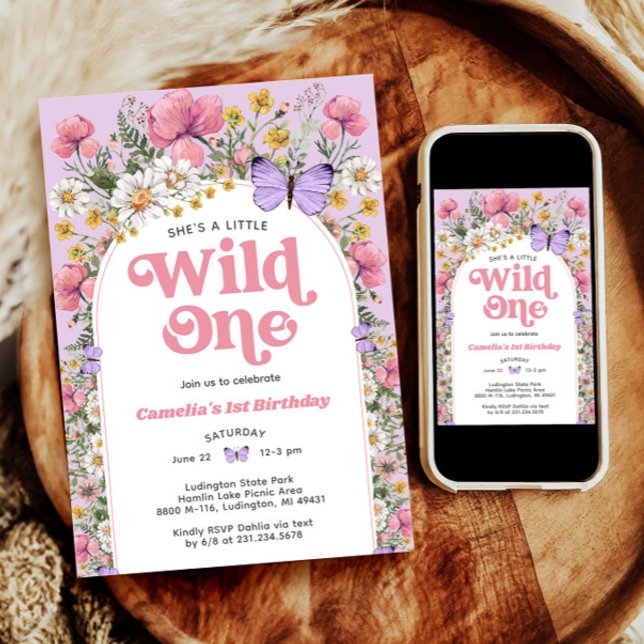 Invitación de cumpleaños 1 de Flor silvestre (Butterfly Wildflower 1st Birthday Invitation
)