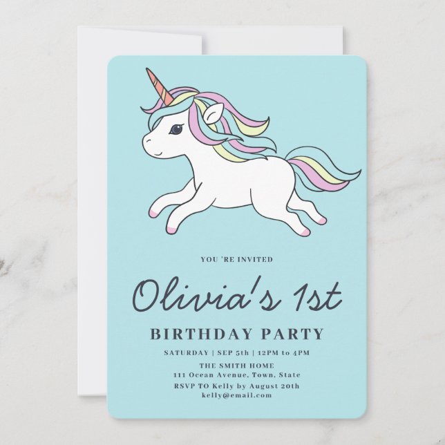 Invitación de cumpleaños 1 de Unicornio Lindo (Anverso)