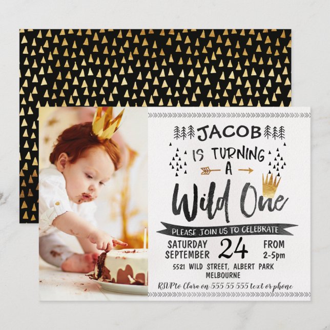 Invitación de cumpleaños 1 foto de Black Gold Wild (Anverso / Reverso)