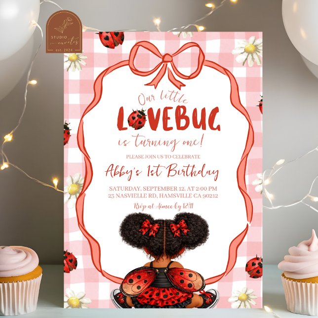 Invitación de cumpleaños 1 Gingham Red Ladybug_ (Subido por el creador)