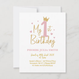 Invitación de cumpleaños 1 para niñas bebé Rosa 