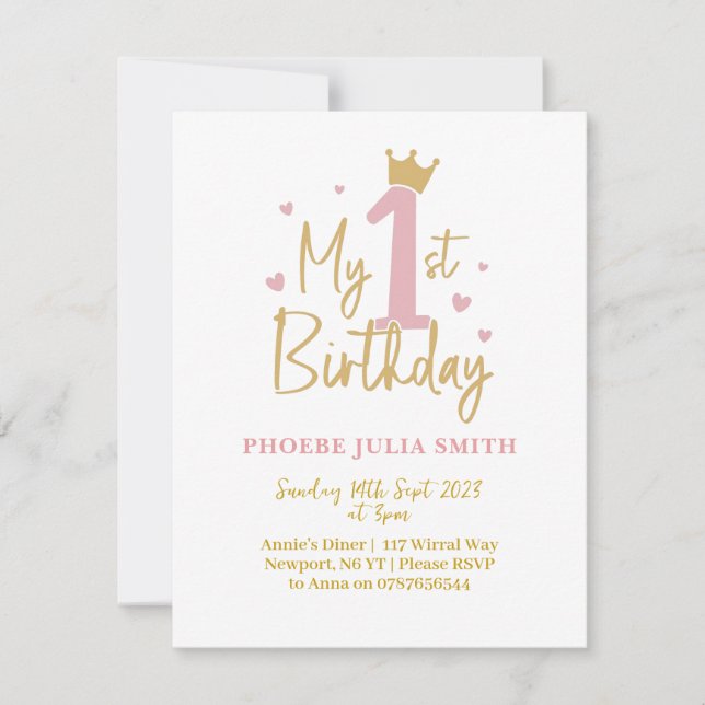 Invitación de cumpleaños 1 para niñas bebé Rosa  (Anverso)