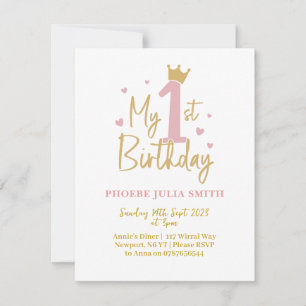 Invitación de cumpleaños 1 para niñas bebé Rosa 