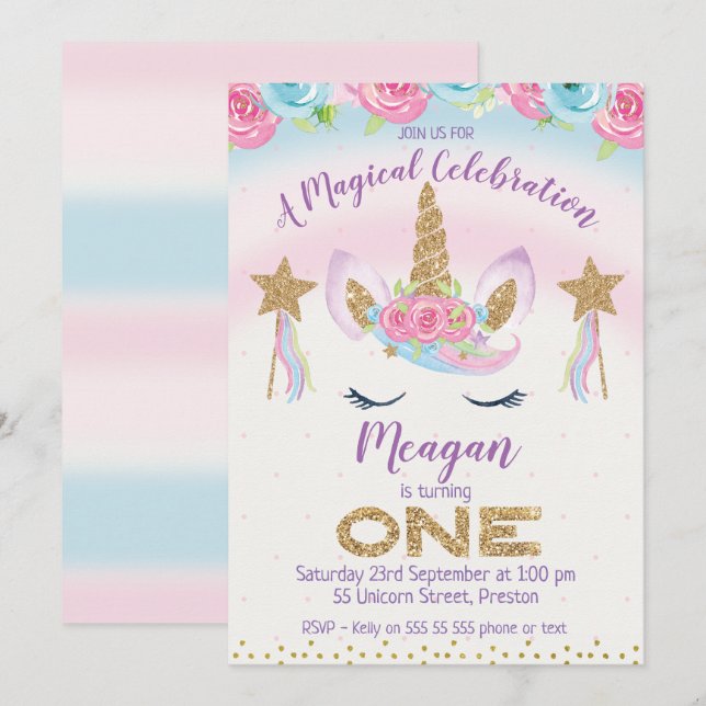 Invitación de cumpleaños 1 Purpurina de Unicornio  (Anverso / Reverso)