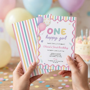 Invitación de cumpleaños 1 rayada de una niña feli