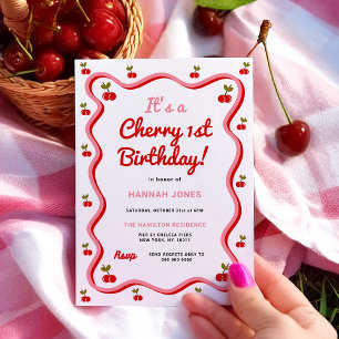 Invitación de cumpleaños 1 Retro Cherry
