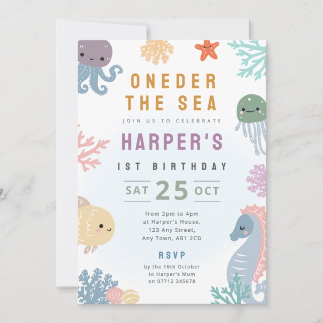 Invitación de Cumpleaños 1er Bajo El Mar Vida Oceá (Anverso)