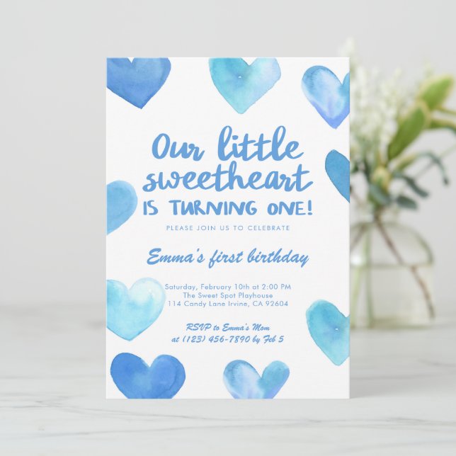 Invitación de cumpleaños 1er corazón azul niño Swe (Anverso de pie)