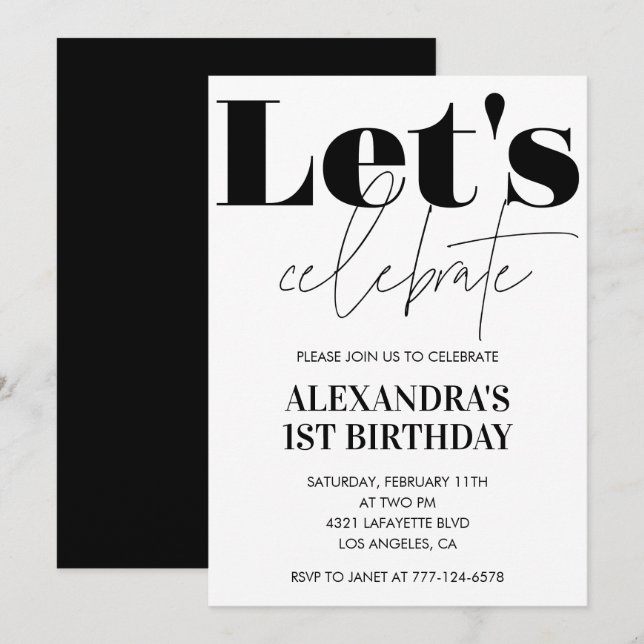 Invitación de cumpleaños 1er moderno en blanco y n (Anverso / Reverso)