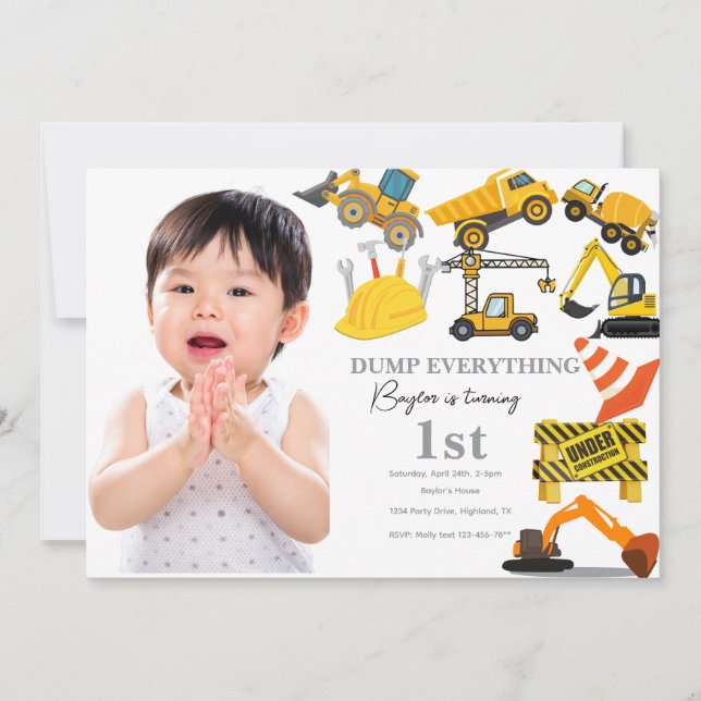 Invitación de cumpleaños 1er niño Construcción Ele (Anverso)