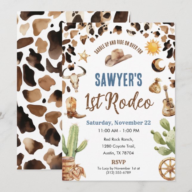 Invitación de cumpleaños '1er Rodeo' del vaquero o (Anverso / Reverso)