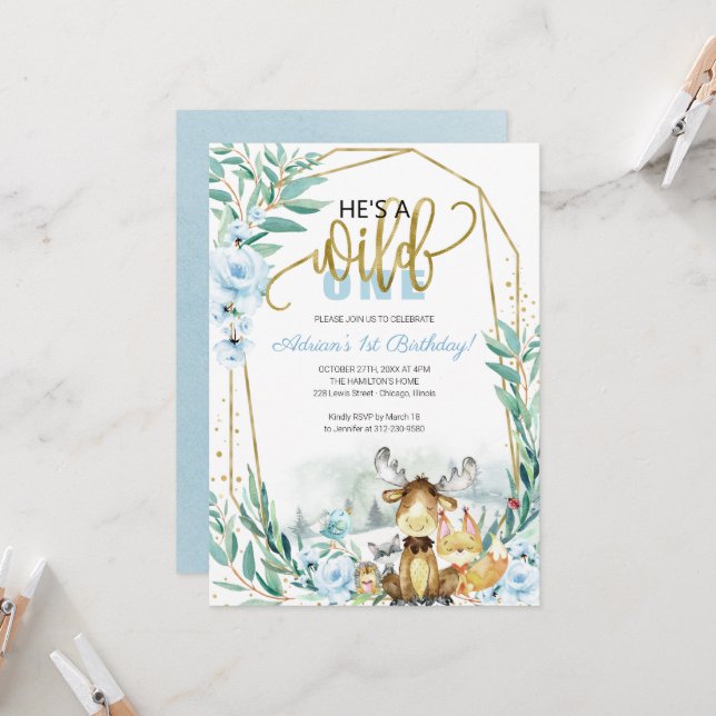 Invitación de Cumpleaños 1er Salvaje Greenery Wood (Anverso/Reverso In Situ)