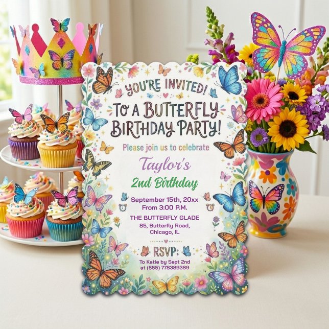 Invitación de cumpleaños 2º con mariposas colorida (Subido por el creador)