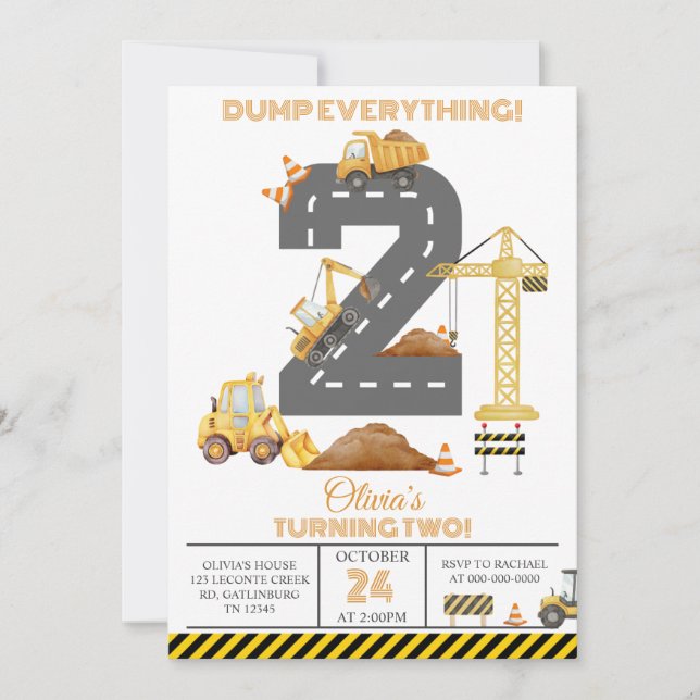 Invitación de cumpleaños 2º de camión de construcc (Anverso)