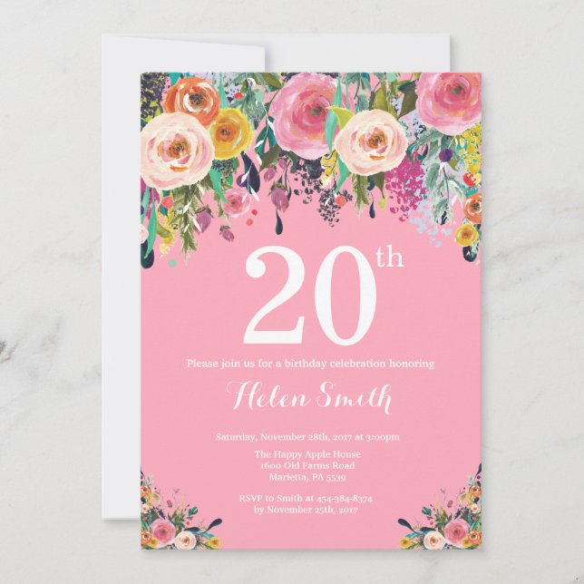 Invitación de cumpleaños 20 a Pink Floral (Anverso)