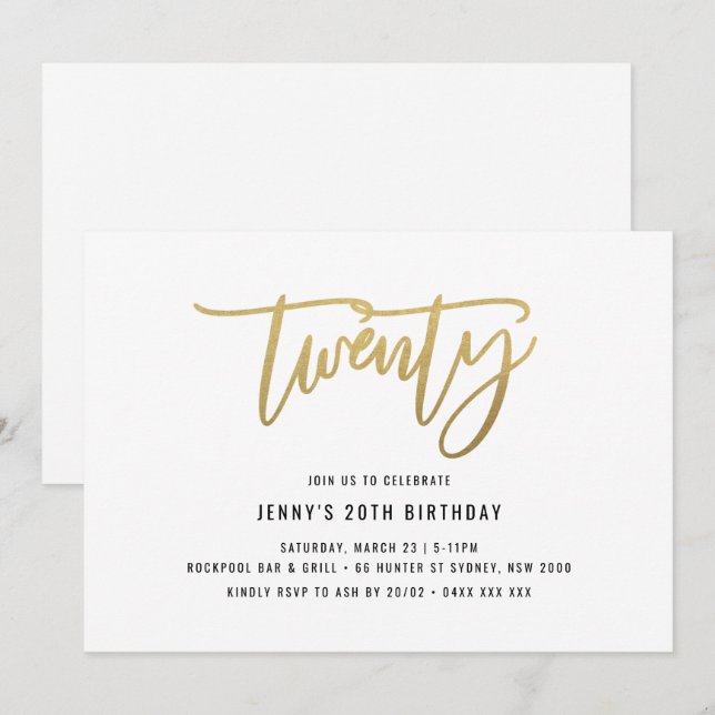 Invitación de cumpleaños 20 al Relieve metalizado  (Anverso / Reverso)