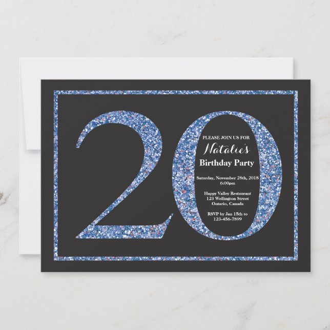 Invitación de cumpleaños 20 azul con tiza brillant (Anverso)