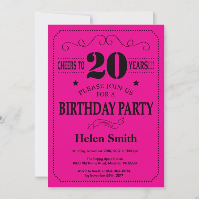 Invitación de cumpleaños 20 Black and Hot Pink (Anverso)