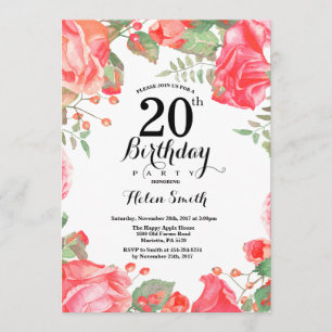 Invitación de cumpleaños 20 Botánico Floral Rojo