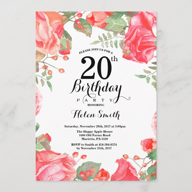 Invitación de cumpleaños 20 Botánico Floral Rojo (Anverso)