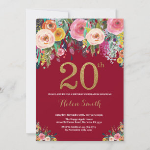 Invitación de cumpleaños 20 burgundy floral dorada