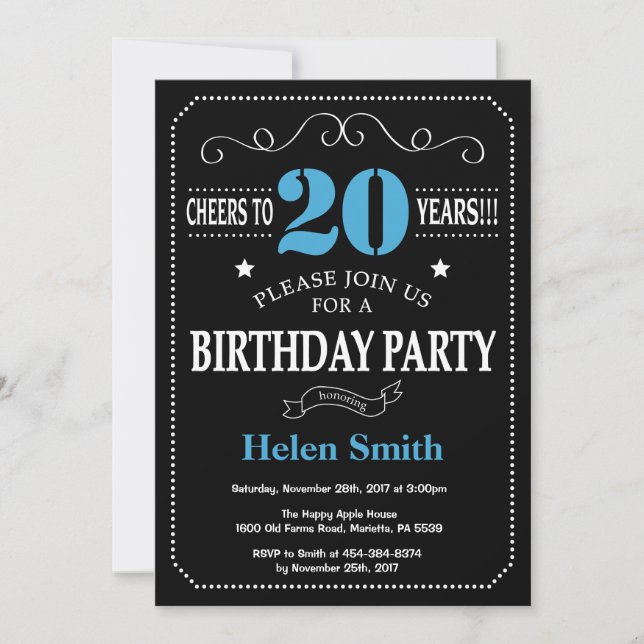 Invitación de cumpleaños 20 Cartón azul y negro (Anverso)