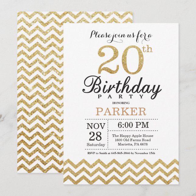 Invitación de cumpleaños 20 con brillo dorado (Anverso / Reverso)