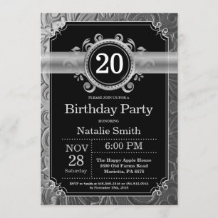 Invitación de cumpleaños 20 con brillo negro y pla