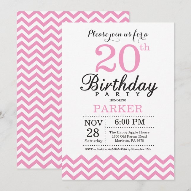 Invitación de cumpleaños 20 con Chevron Rosa (Anverso / Reverso)