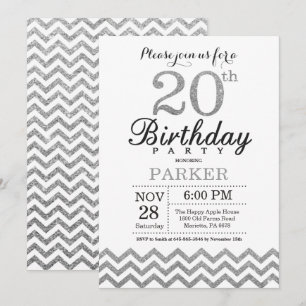 Invitación de cumpleaños 20 con purpurina plateada