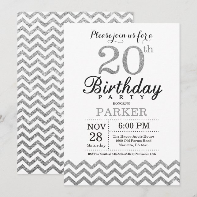 Invitación de cumpleaños 20 con purpurina plateada (Anverso / Reverso)